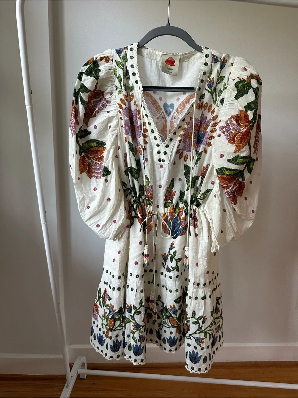 FARM Rio Cream Mini Dress with Green, Orange and Purple Floral Embroidery - Picture 1 of 6